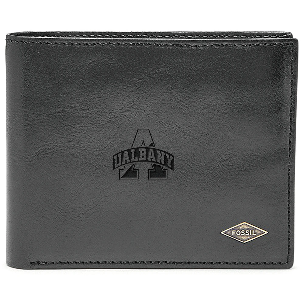 Men's Fossil Black UAlbany Great Danes Leather Ryan RFID Flip ID Bifold Wallet