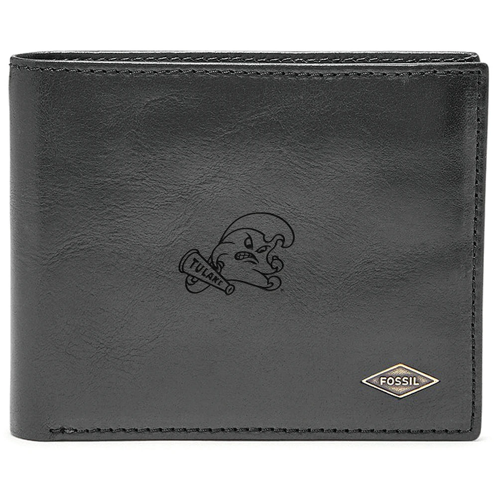 Men's Fossil Black Tulane Green Wave Leather Ryan RFID Flip ID Bifold Wallet