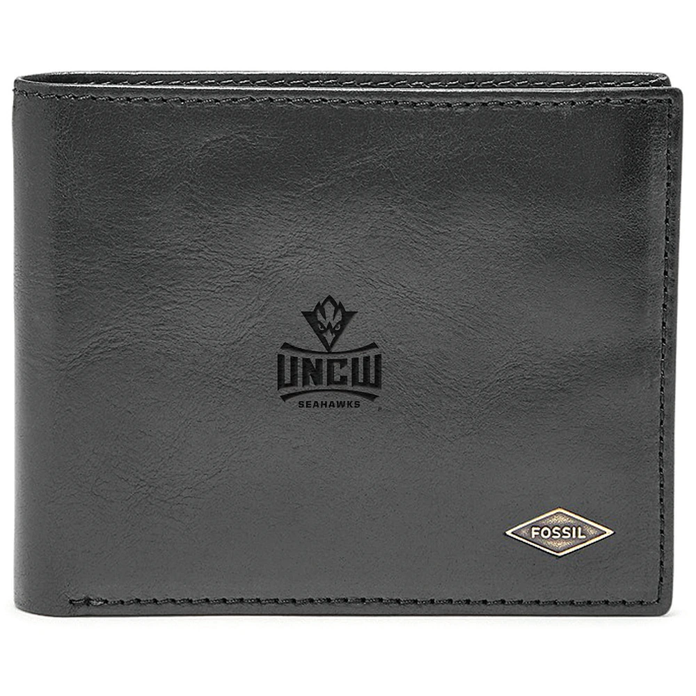 Men's Fossil Black UNC Wilmington Seahawks Leather Ryan RFID Flip ID Bifold Wallet