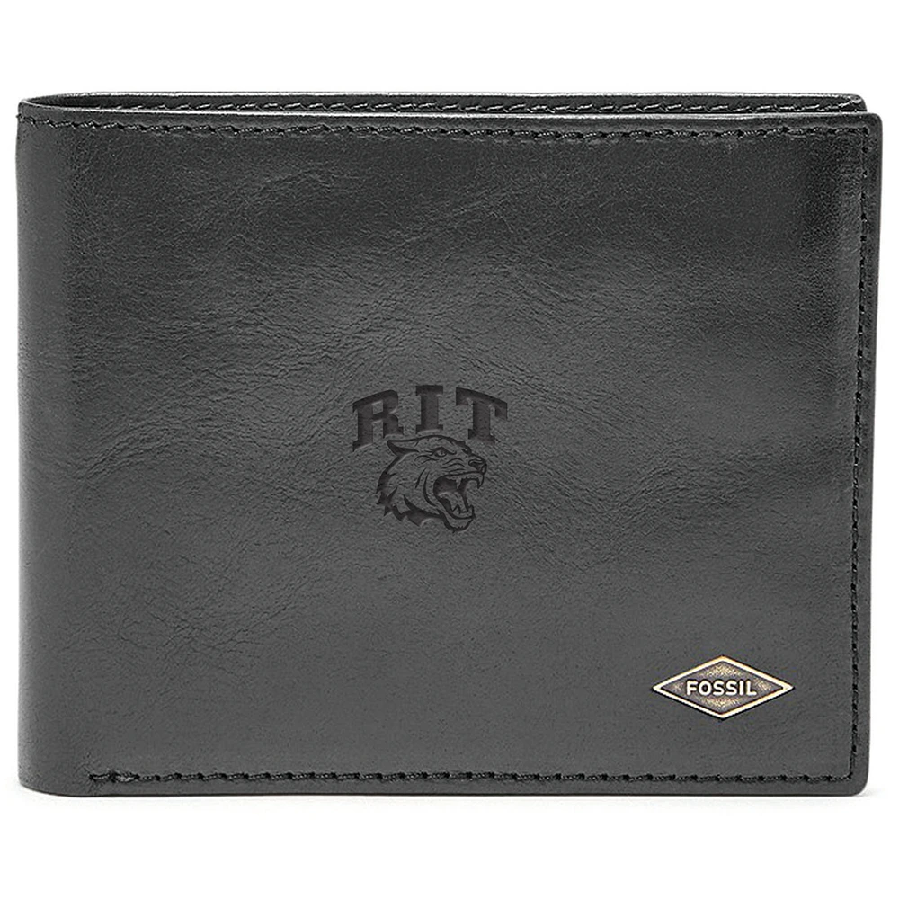 Men's Fossil Black Rochester Institute of Technology Tigers Leather Ryan RFID Flip ID Bifold Wallet
