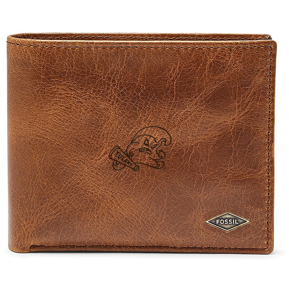 Men's Fossil Brown Tulane Green Wave Leather Ryan RFID Passcase Wallet