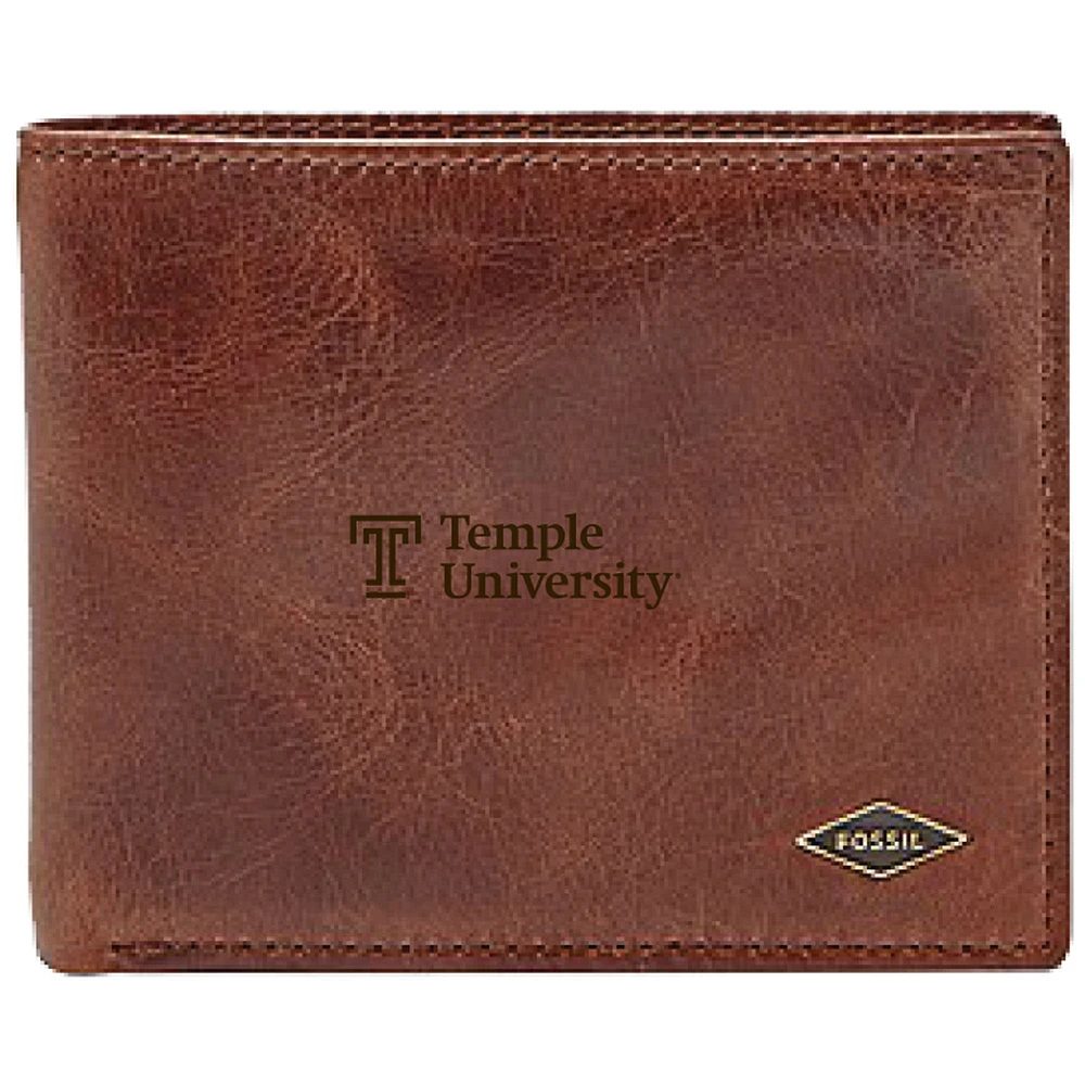 Men's Fossil Brown Temple Owls Leather Ryan RFID Flip ID Bifold Wallet