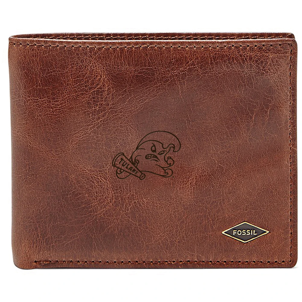 Men's Fossil Brown Tulane Green Wave Leather Ryan RFID Flip ID Bifold Wallet