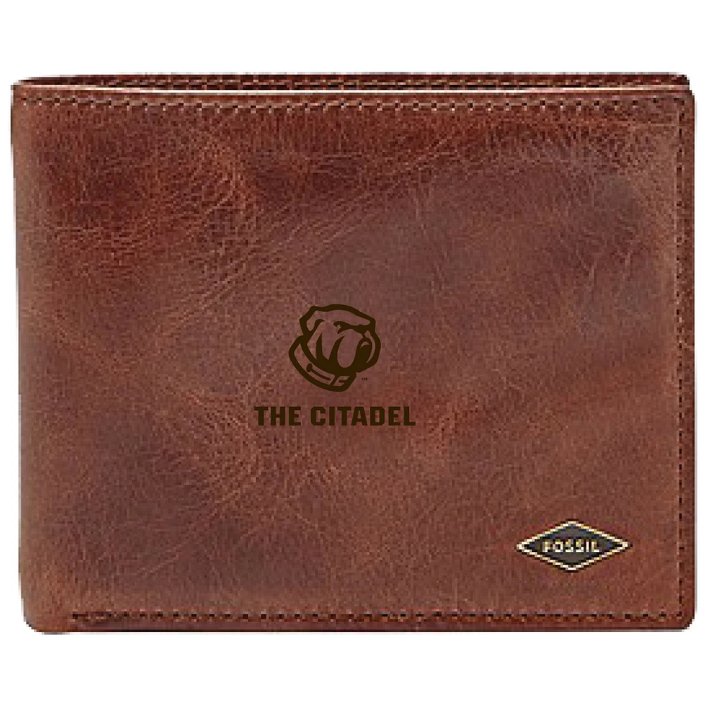 Men's Fossil Brown Citadel Bulldogs Leather Ryan RFID Flip ID Bifold Wallet