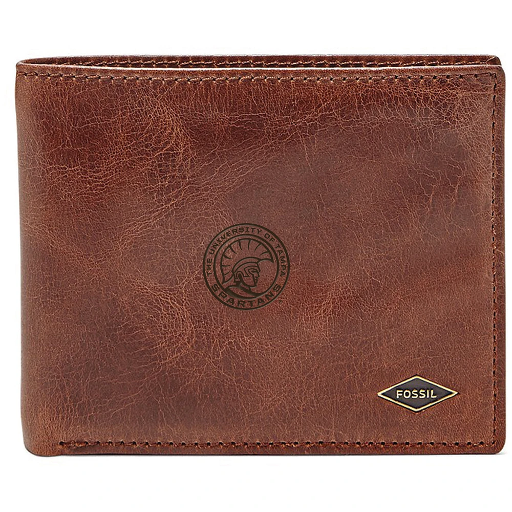 Men's Fossil Brown University of Tampa Spartans Leather Ryan RFID Flip ID Bifold Wallet