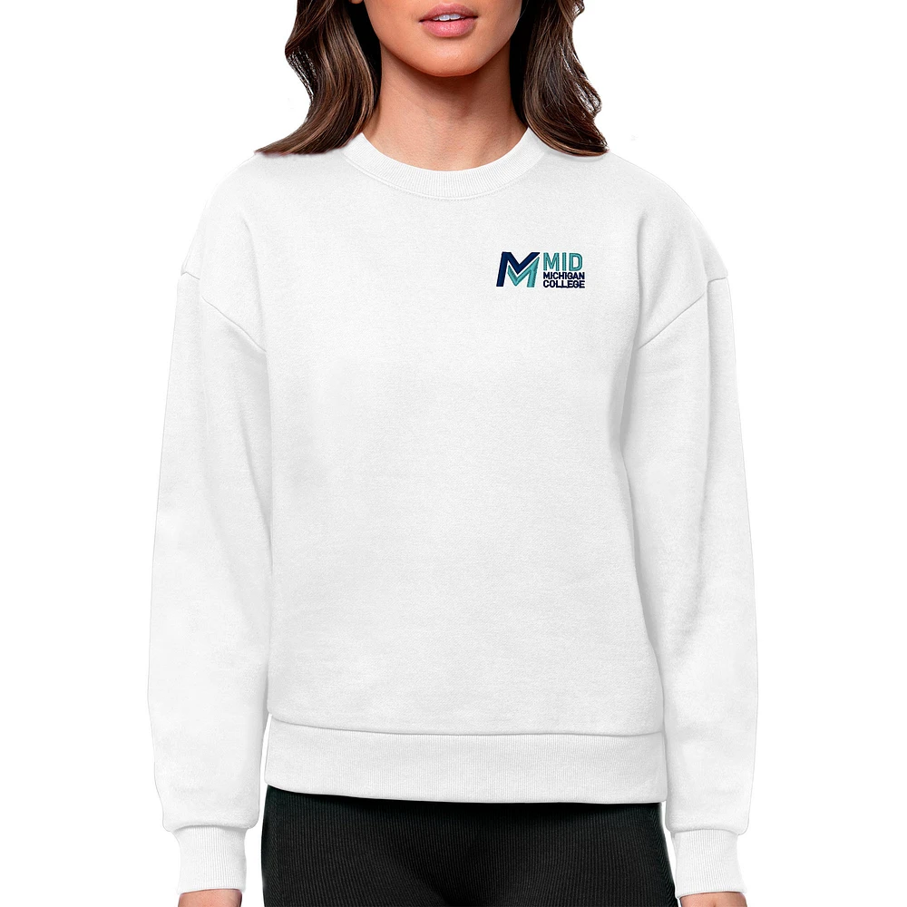 Women's Antigua White Mid Michigan College Victory Crewneck Pullover Sweatshirt