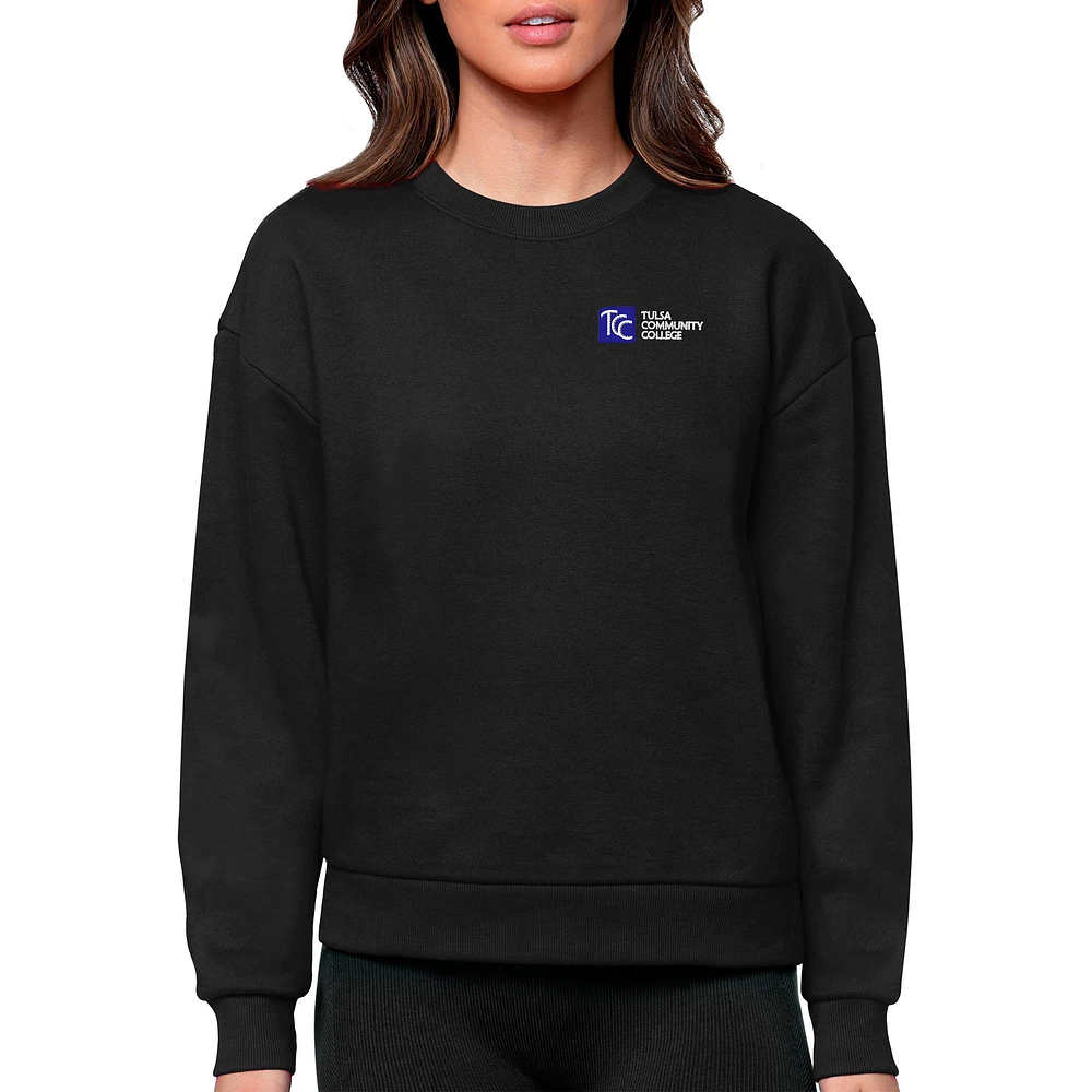 Women's Antigua Black Tulsa Community College Victory Crewneck Pullover Sweatshirt