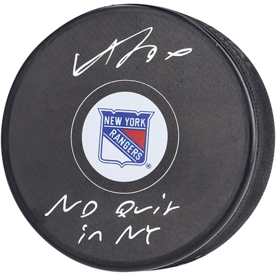 Adam Fox New York Rangers Autographed Hockey Puck with "No Quit in NY" Inscription