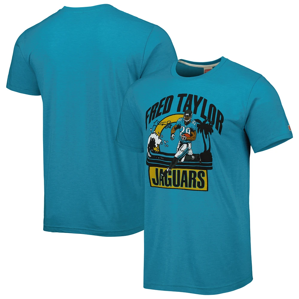 Men's Homage Fred Taylor Heathered Teal Jacksonville Jaguars Caricature Retired Player Tri-Blend T-Shirt