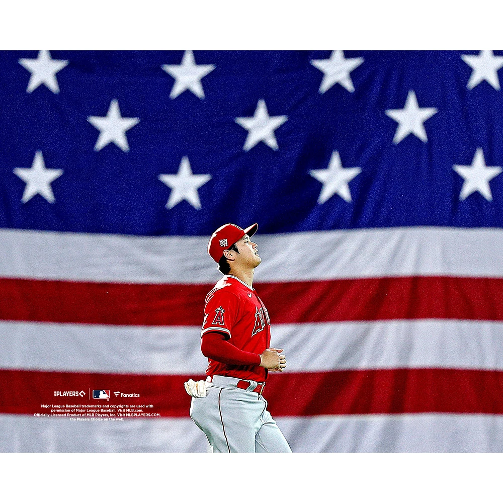 Shohei Ohtani Los Angeles Angels Unsigned Front of the American Flag Photograph