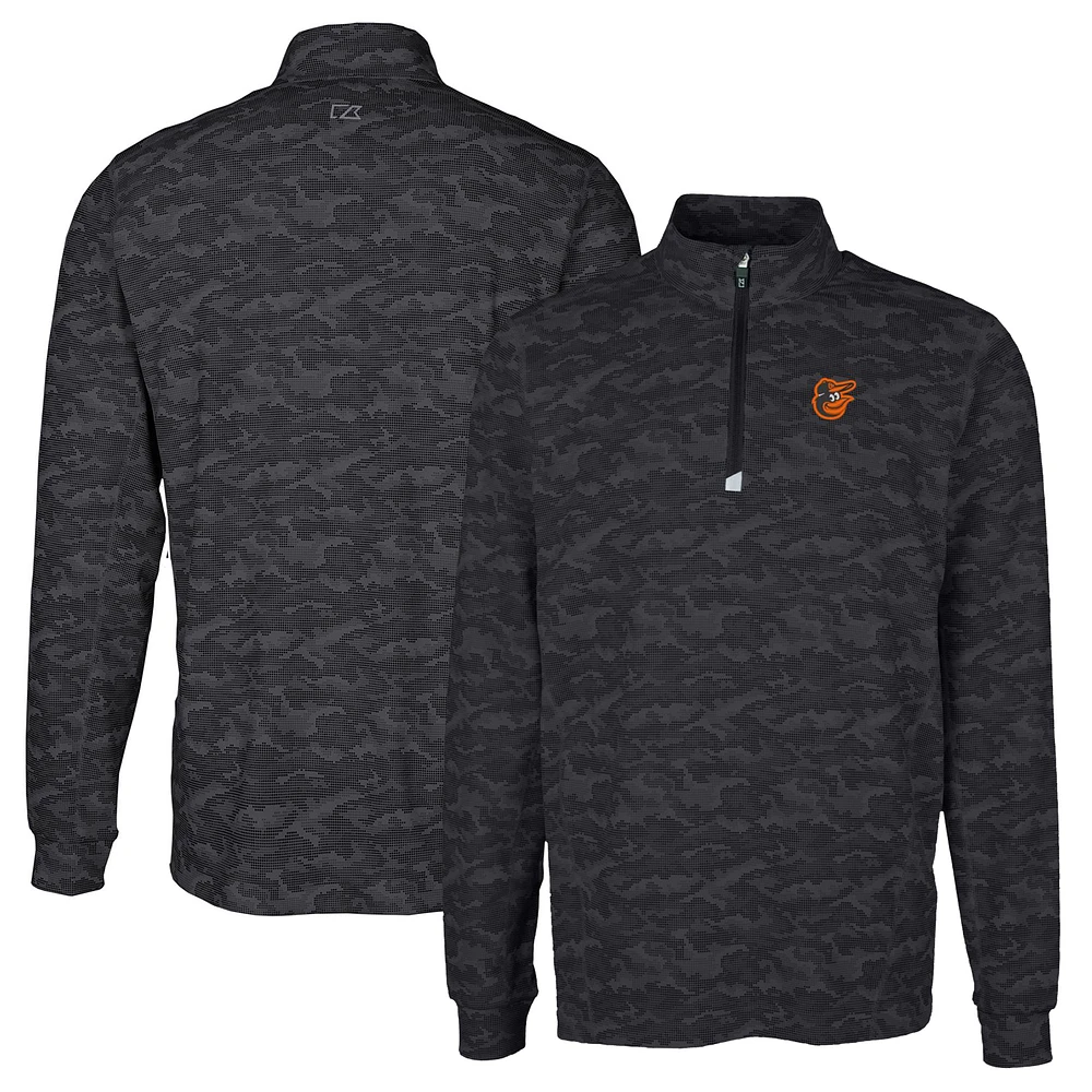 Men's Cutter & Buck Black Baltimore Orioles Traverse Camo Print Stretch Quarter-Zip Pullover Top