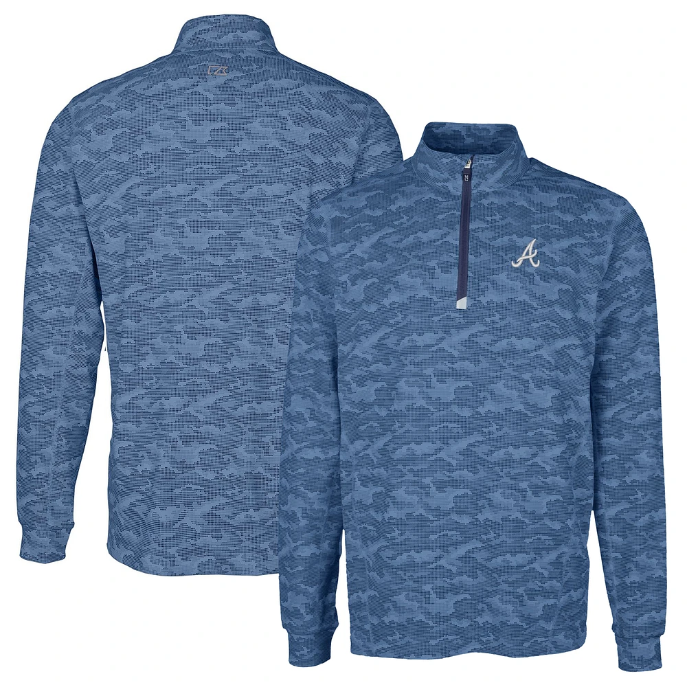 Men's Cutter & Buck Navy Atlanta Braves Traverse Camo Print Stretch Quarter-Zip Pullover Top