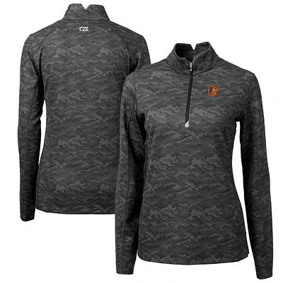 Women's Cutter & Buck Black Baltimore Orioles Traverse Camo Print Stretch Quarter-Zip Pullover Top