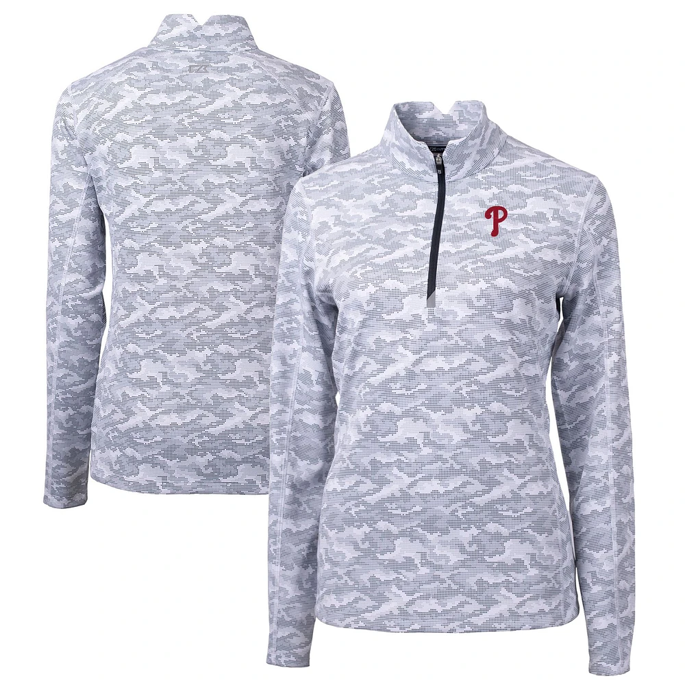 Women's Cutter & Buck Charcoal Philadelphia Phillies Traverse Camo Print Stretch Quarter-Zip Pullover Top