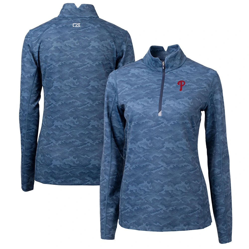 Women's Cutter & Buck Navy Philadelphia Phillies Traverse Camo Print Stretch Quarter-Zip Pullover Top