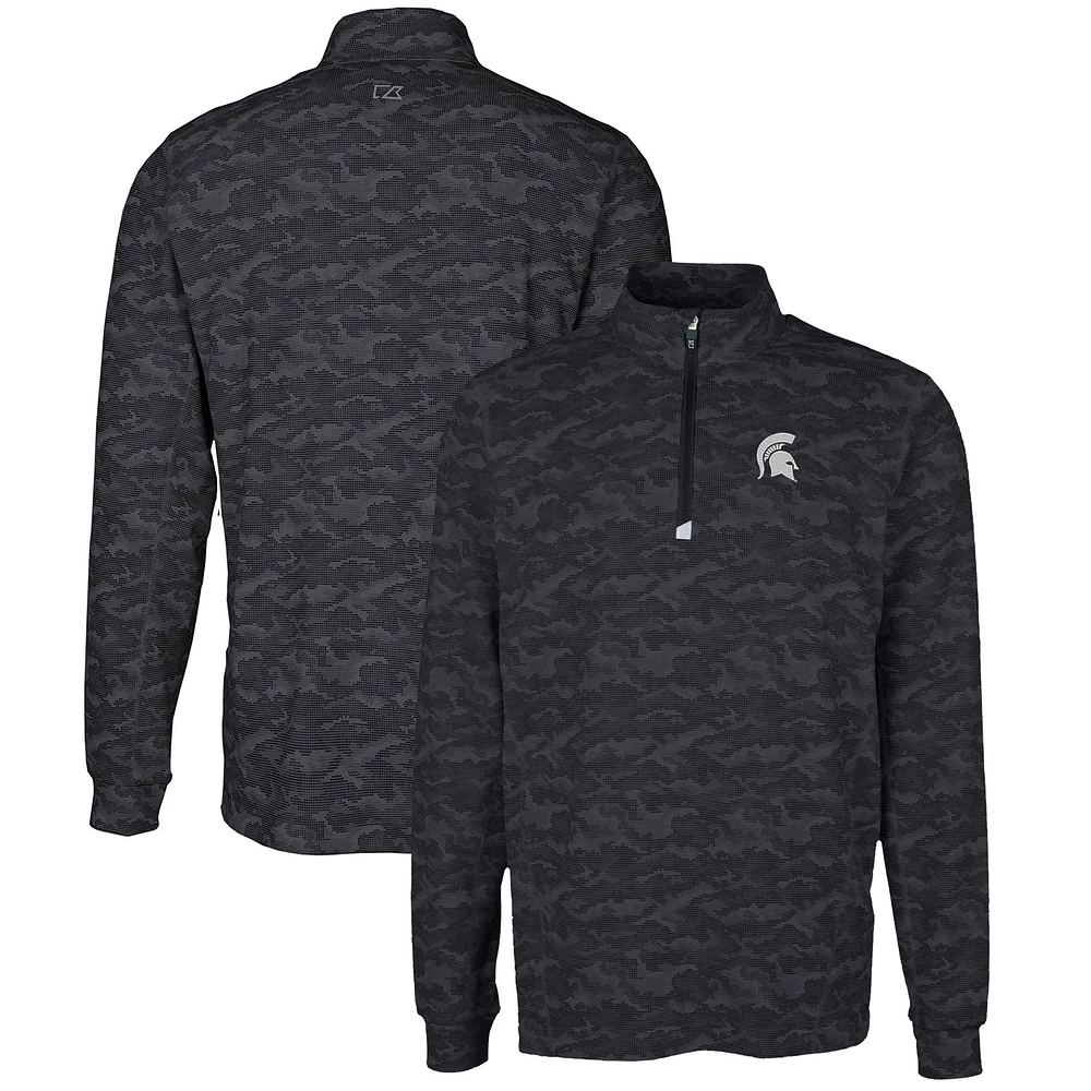 Men's Cutter & Buck Black Michigan State Spartans Big Tall Traverse Camo Print Stretch Quarter-Zip Pullover Top