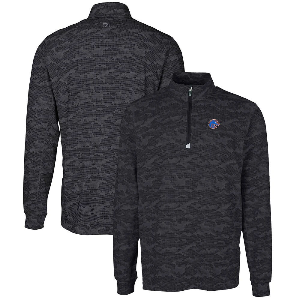 Men's Cutter & Buck Black Boise State Broncos Big Tall Traverse Camo Print Stretch Quarter-Zip Pullover Top