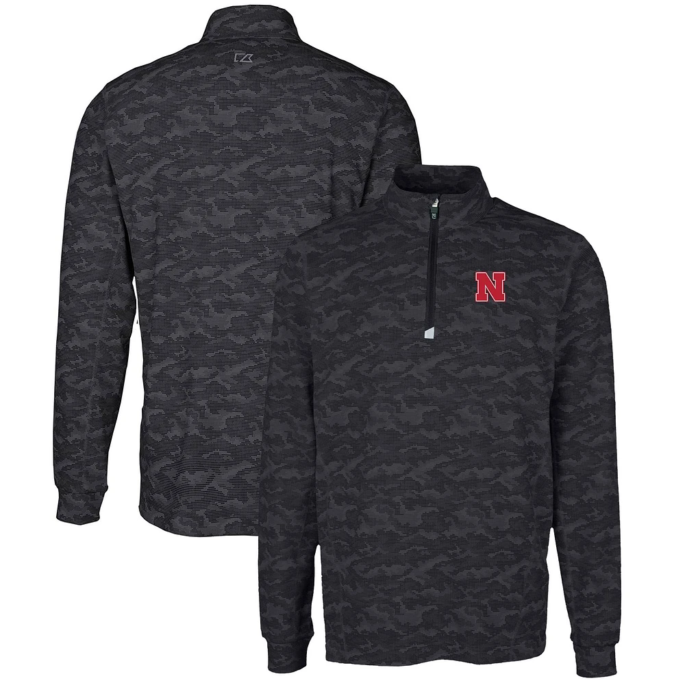 Men's Cutter & Buck Black Nebraska Huskers Big Tall Traverse Camo Print Stretch Quarter-Zip Pullover Top