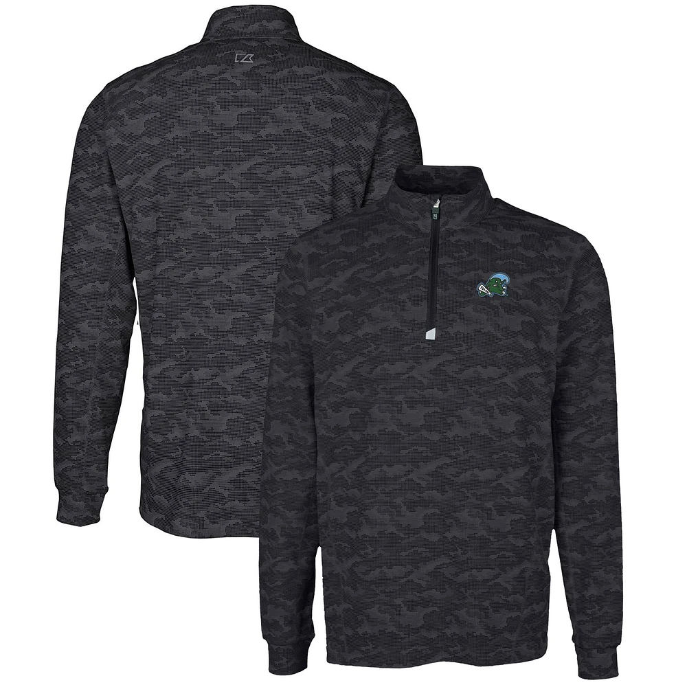 Men's Cutter & Buck Black Tulane Green Wave Big Tall Traverse Camo Print Stretch Quarter-Zip Pullover Top