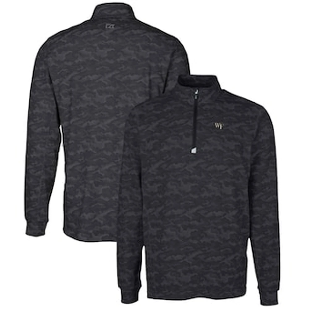 Men's Cutter & Buck Black Wake Forest Demon Deacons Big Tall Traverse Camo Print Stretch Quarter-Zip Pullover Top