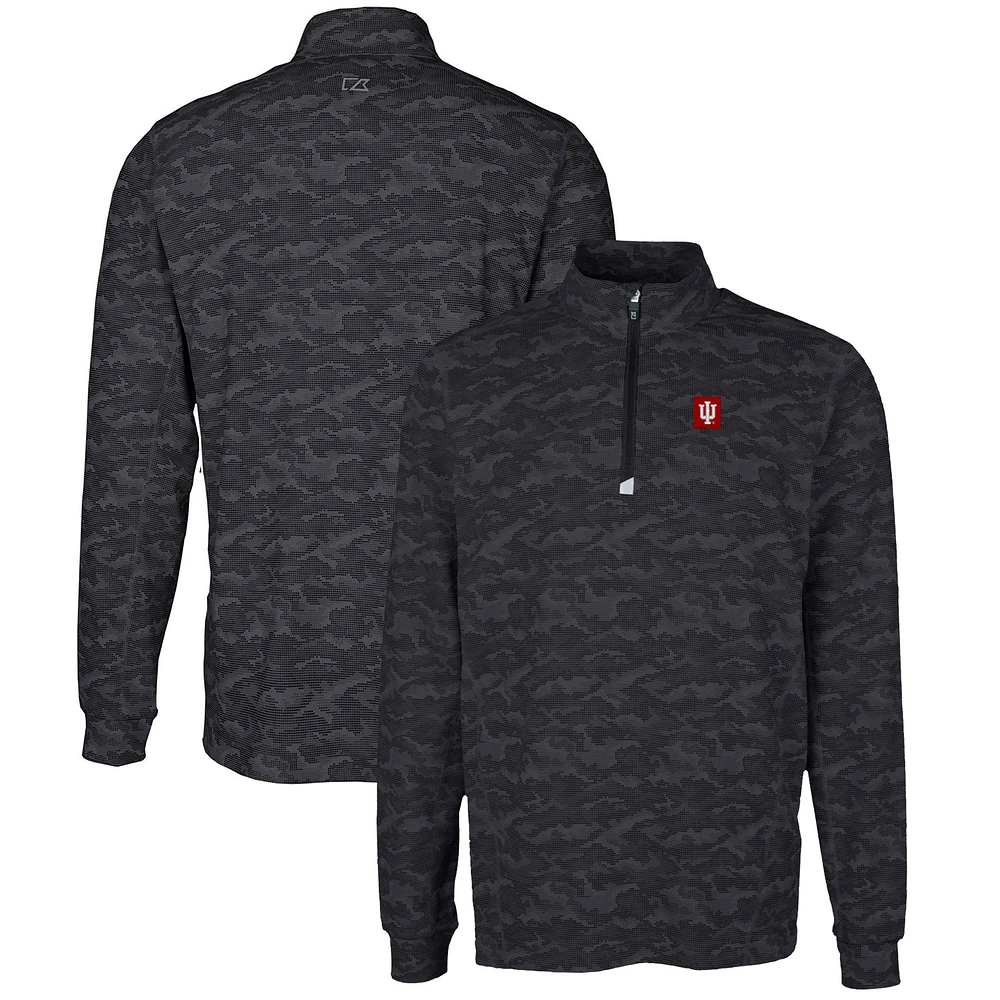 Men's Cutter & Buck Black Indiana Hoosiers Big & Tall Traverse Camo Print Stretch Quarter-Zip Pullover Top