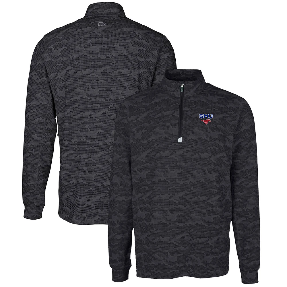 Men's Cutter & Buck Black SMU Mustangs Big Tall Traverse Camo Print Stretch Quarter-Zip Pullover Top