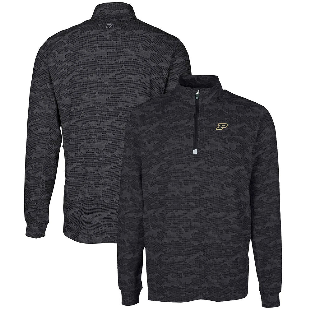 Men's Cutter & Buck Black Purdue Boilermakers Big Tall Traverse Camo Print Stretch Quarter-Zip Pullover Top