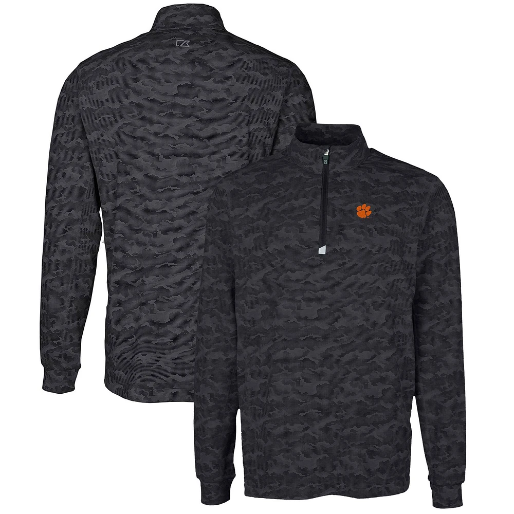 Men's Cutter & Buck Black Clemson Tigers Big Tall Traverse Camo Print Stretch Quarter-Zip Pullover Top