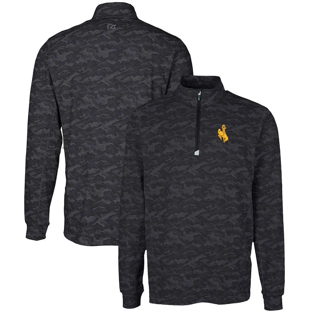 Men's Cutter & Buck Black Wyoming Cowboys Big Tall Traverse Camo Print Stretch Quarter-Zip Pullover Top