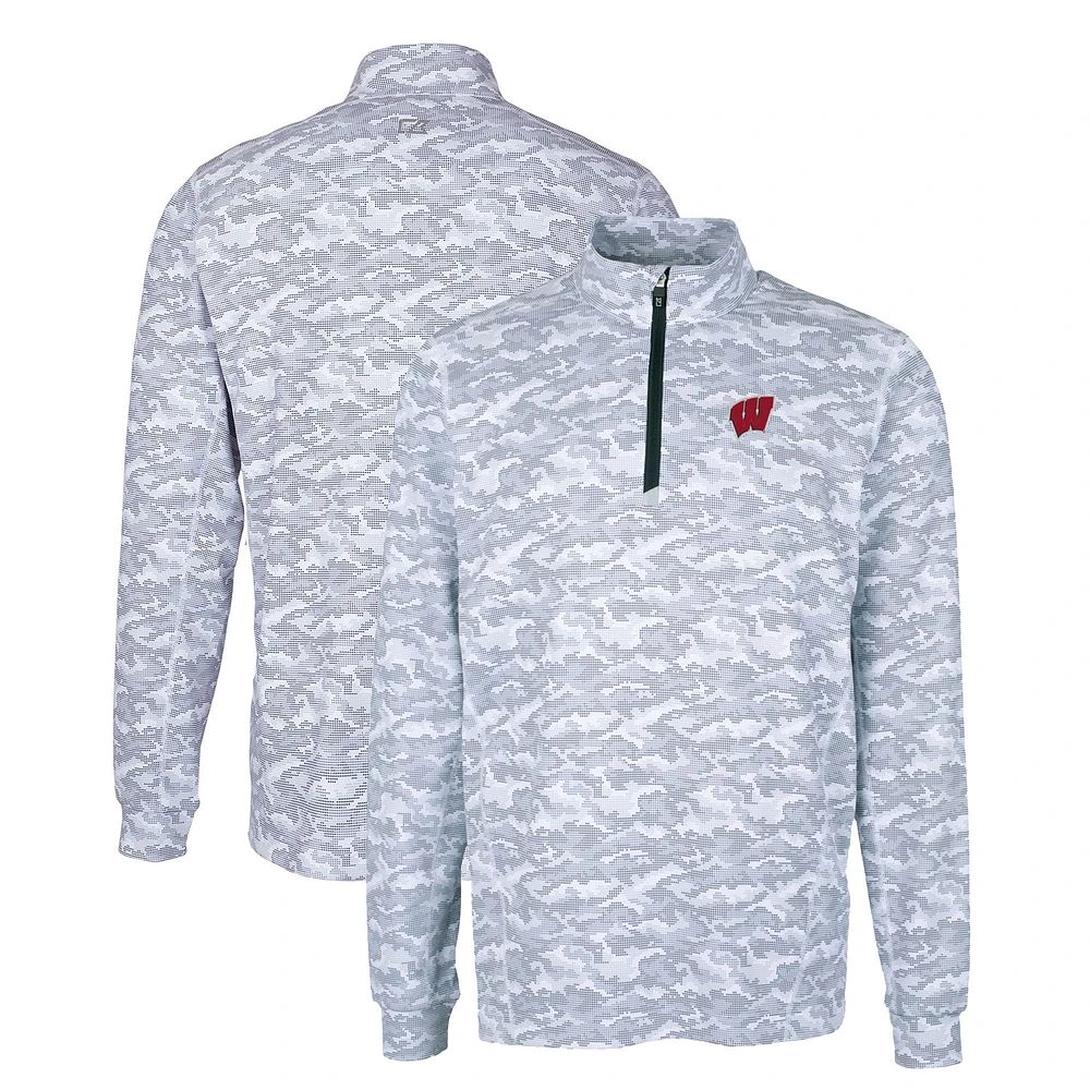 Men's Cutter & Buck Charcoal Wisconsin Badgers Big Tall Traverse Camo Print Stretch Quarter-Zip Pullover Top