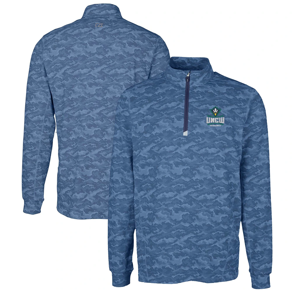 Men's Cutter & Buck Navy UNC Wilmington Seahawks Big Tall Traverse Camo Print Stretch Quarter-Zip Pullover Top