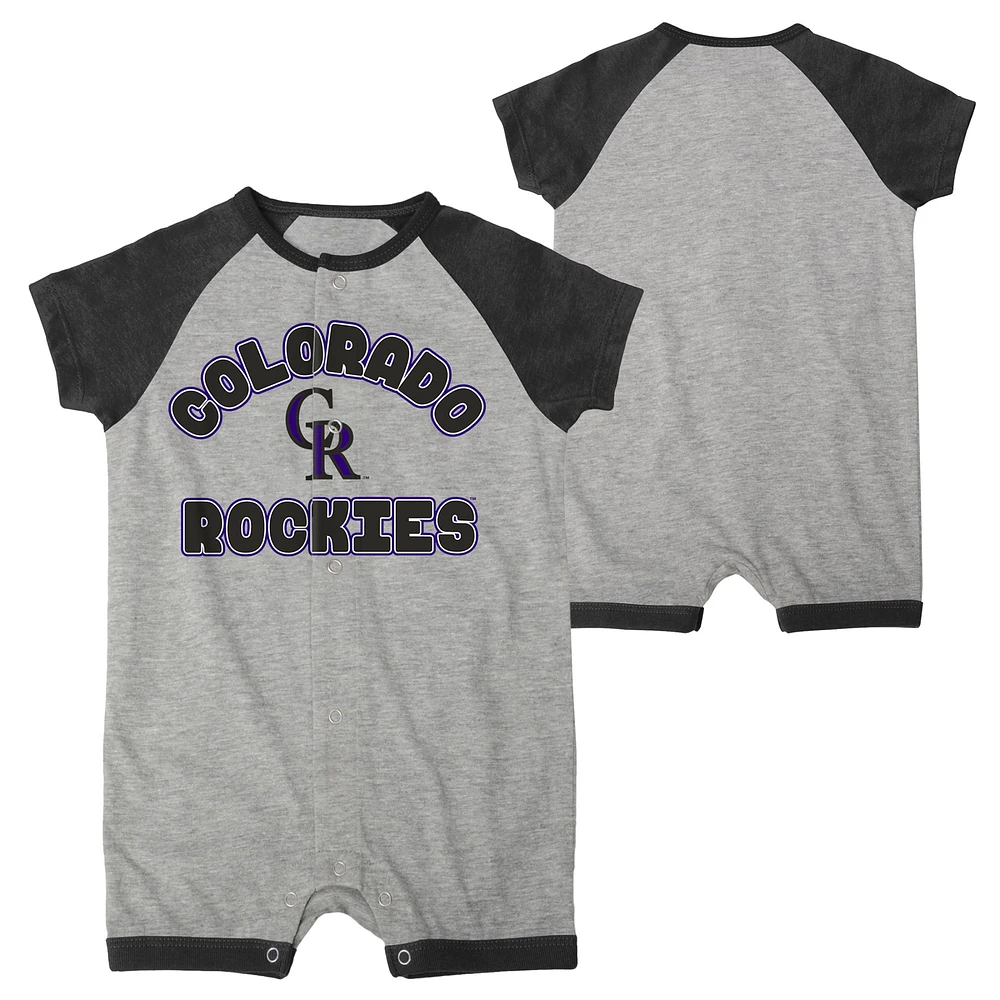 Infant Heather Gray Colorado Rockies Extra Base Hit Raglan Full-Snap Romper