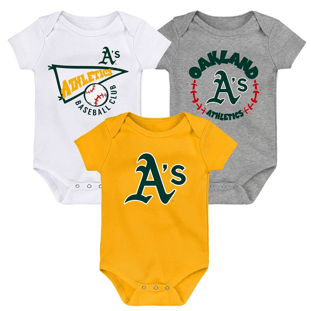 Newborn & Infant Gold/White/Heather Gray Oakland Athletics Biggest Little Fan 3-Pack Bodysuit Set