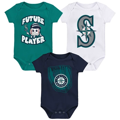 Newborn & Infant Teal/Navy/White Seattle Mariners Minor League Player Three-Pack Bodysuit Set