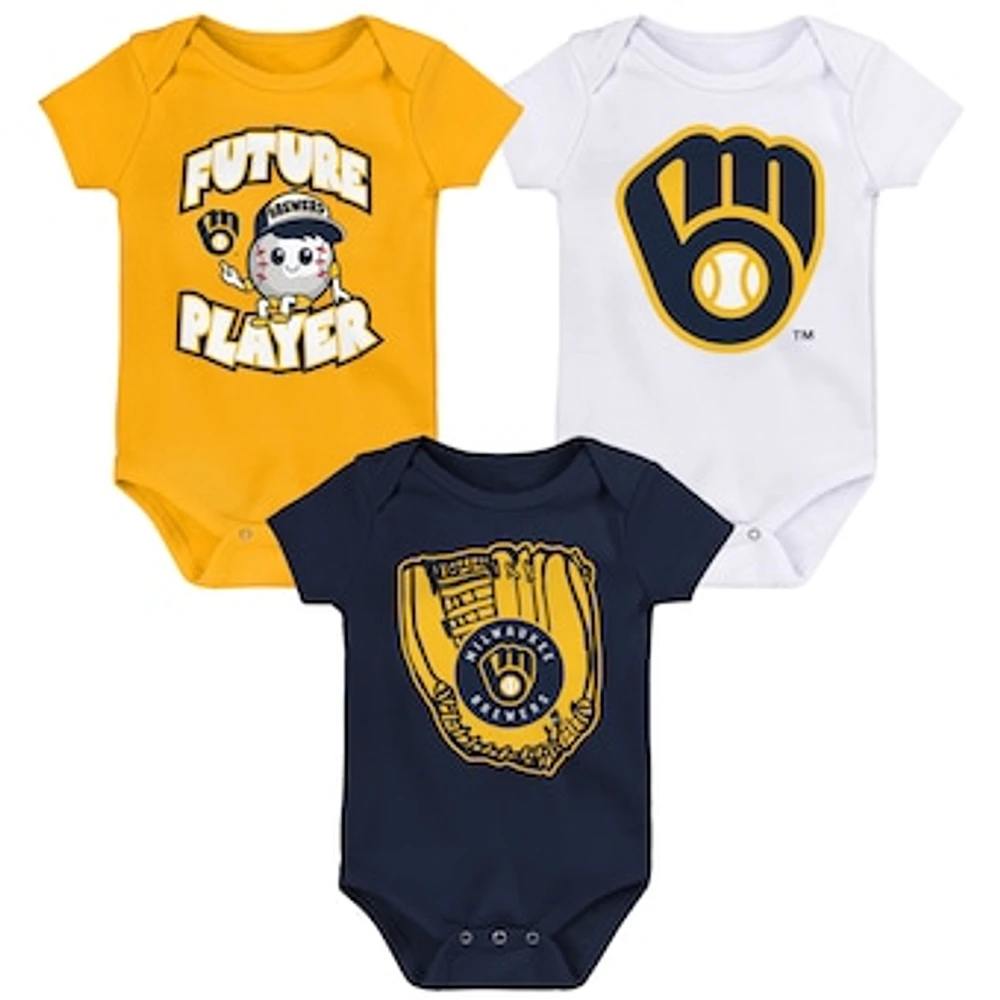 Newborn & Infant Gold/Navy/White Milwaukee Brewers Minor League Player Three-Pack Bodysuit Set