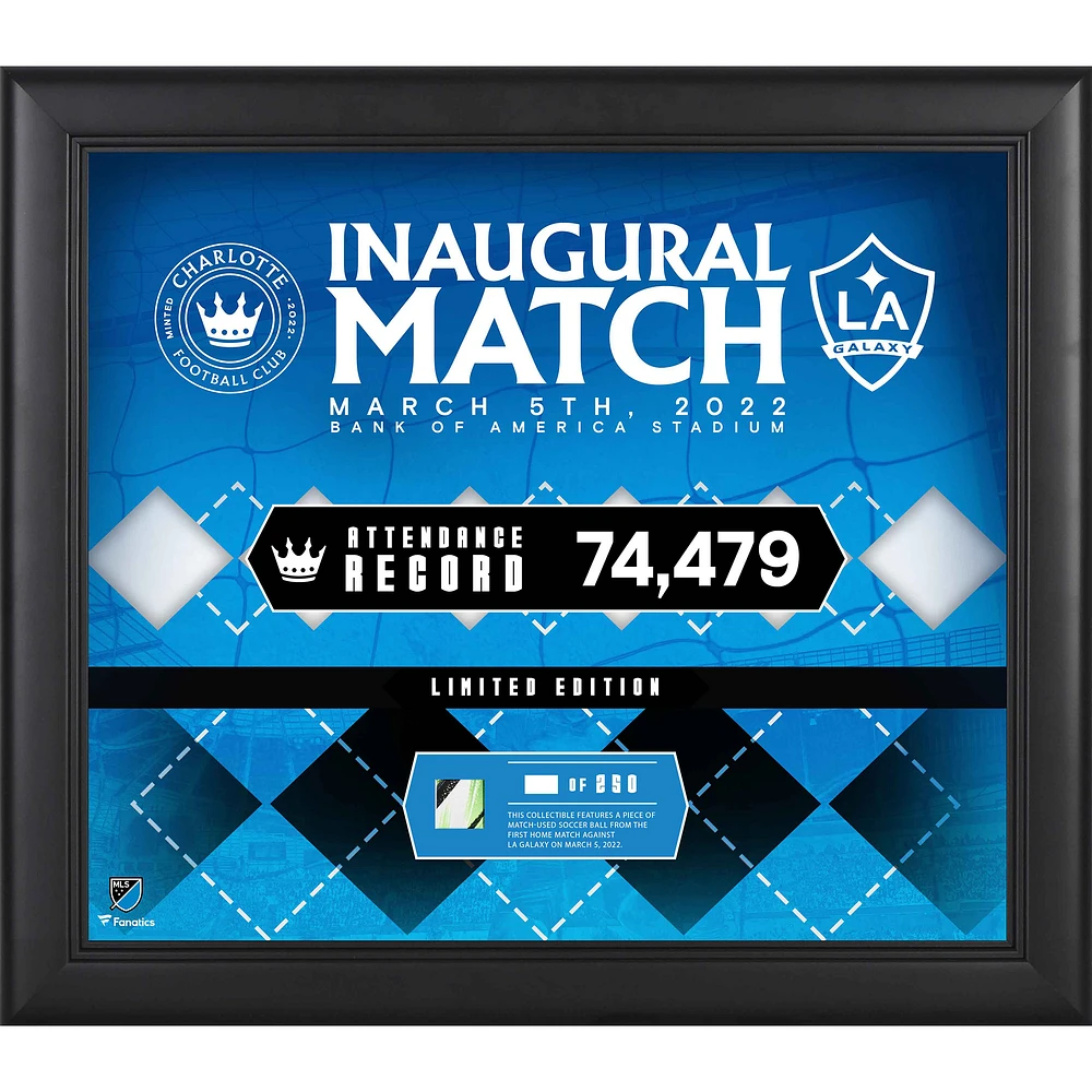 Charlotte FC Framed 15" x 17" 2022 Inaugural Home Match vs. LA Galaxy Version 2 Collage with a Piece of Match-Used Soccer Ball - Limited Edition of 250