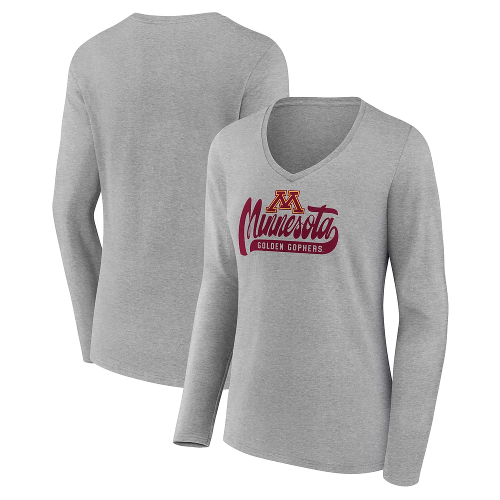 Women's Heathered Gray Minnesota Golden Gophers Speed Tested V-Neck Long Sleeve T-Shirt