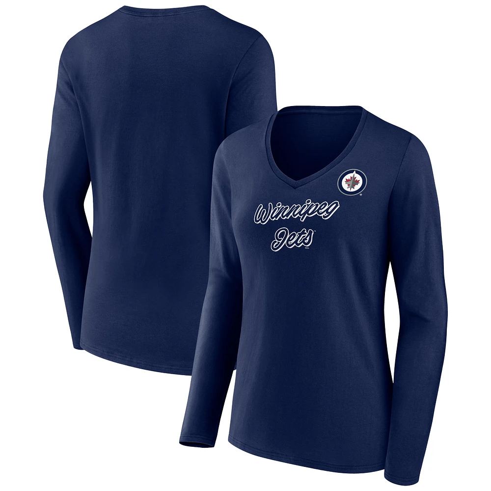 Women's Navy Winnipeg Jets Forge Long Sleeve V-Neck T-Shirt
