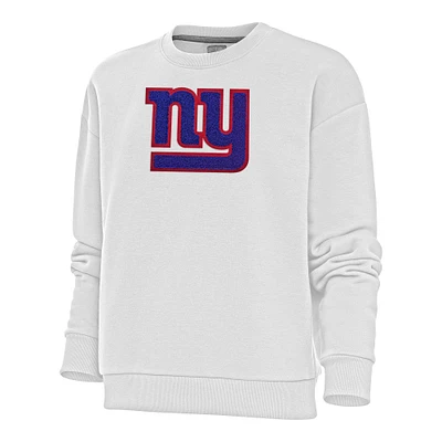 Women's Antigua White New York Giants Victory Crewneck Chenille Pullover Sweatshirt