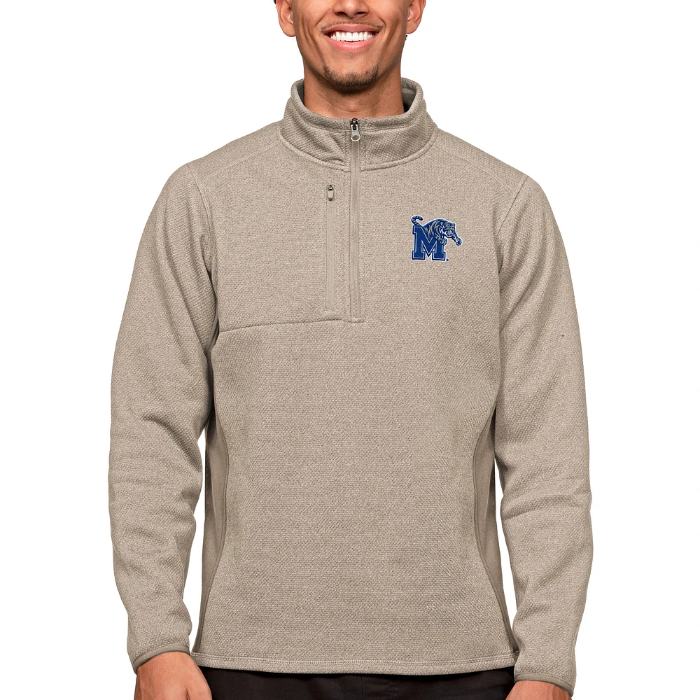 Men's Antigua Oatmeal Memphis Tigers Course Quarter-Zip Pullover Top