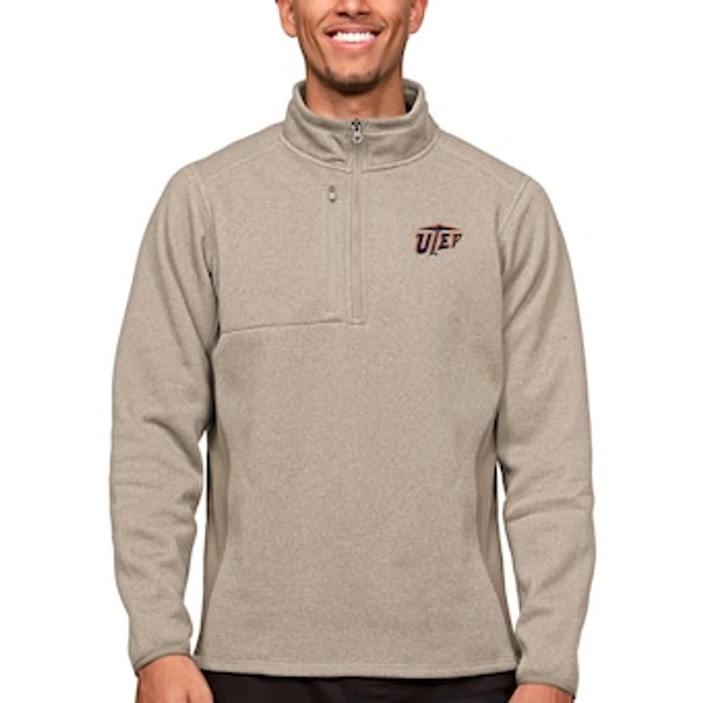 Men's Antigua Oatmeal UTEP Miners Course Quarter-Zip Pullover Top