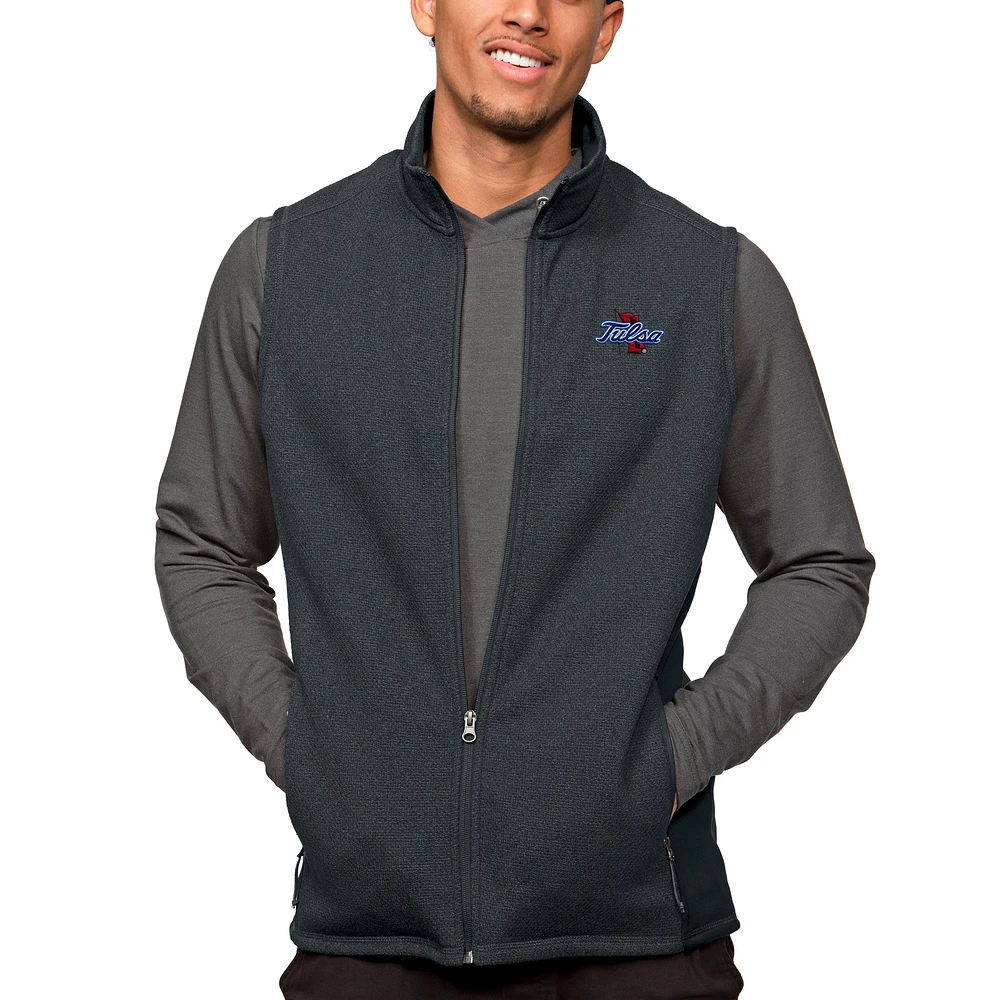 Men's Antigua Heather Charcoal Tulsa Golden Hurricane Course Full-Zip Vest