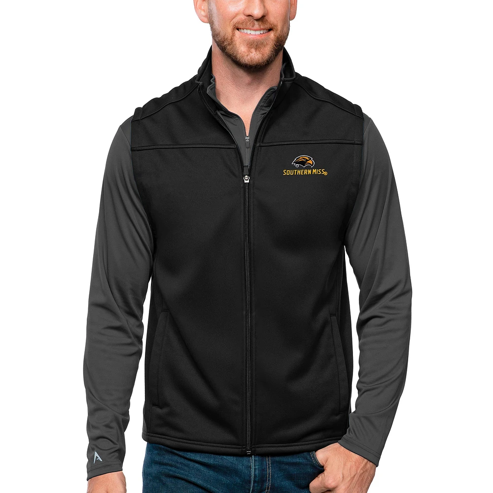 Men's Antigua Black Southern Miss Golden Eagles Links Full-Zip Golf Vest