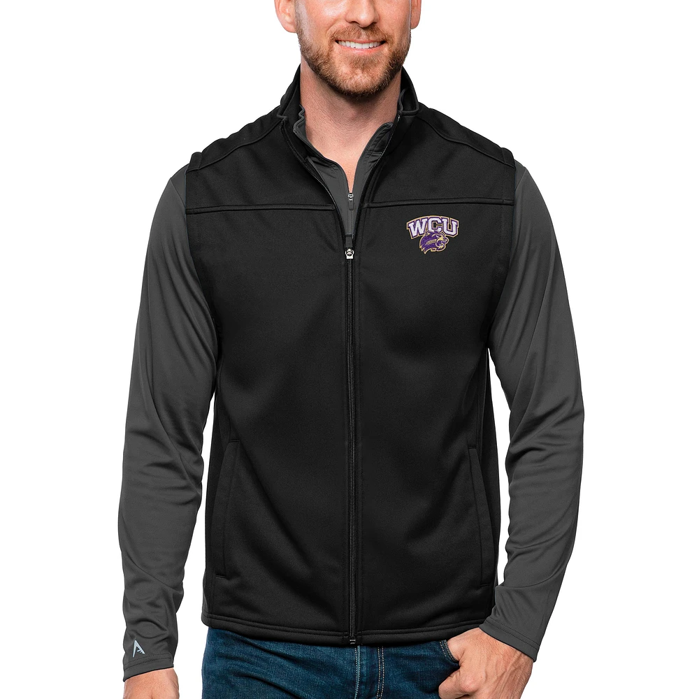Men's Antigua Black Western Carolina Catamounts Links Full-Zip Golf Vest
