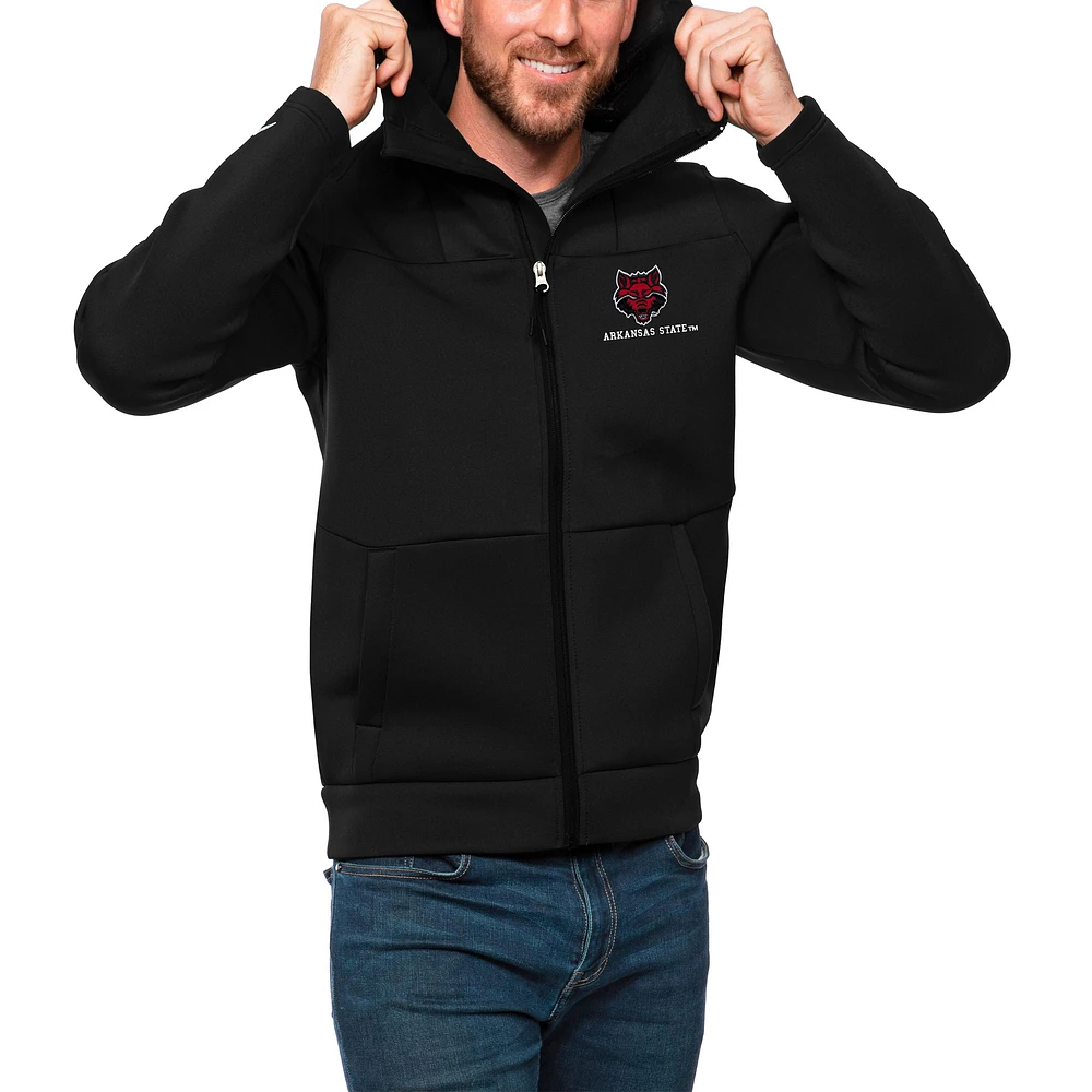 Men's Antigua Black Arkansas State Red Wolves Protect Full-Zip Hoodie