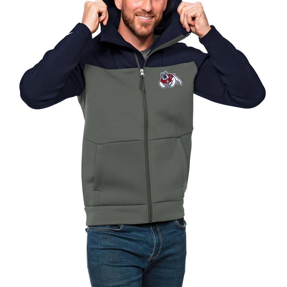Men's Antigua Navy/Steel Fresno State Bulldogs Protect Full-Zip Hoodie