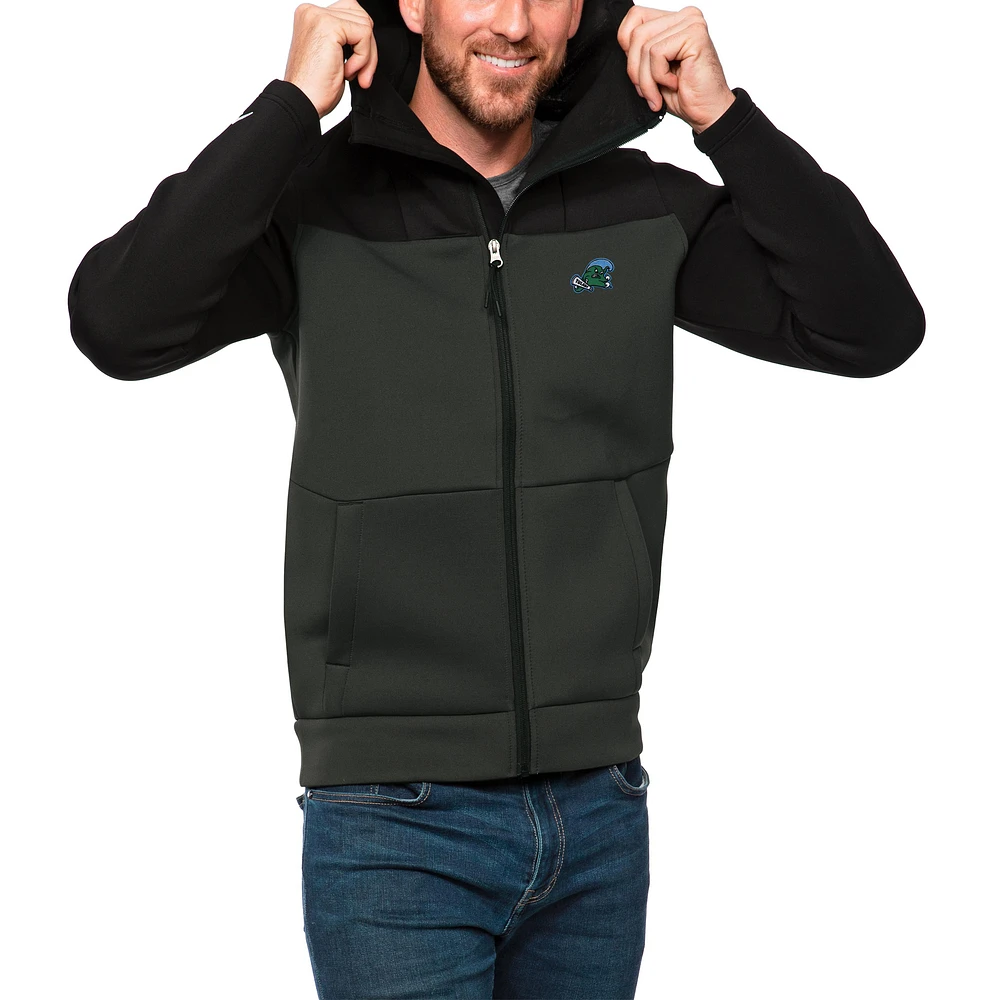Men's Antigua Black/Charcoal Tulane Green Wave Protect Full-Zip Hoodie