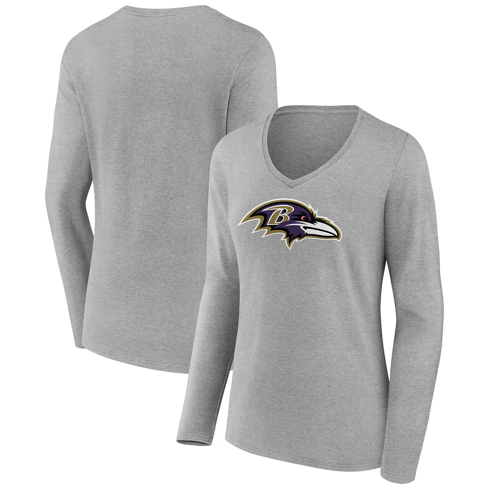 Women's Heather Gray Baltimore Ravens Primary Team Logo Long Sleeve V-Neck T-Shirt