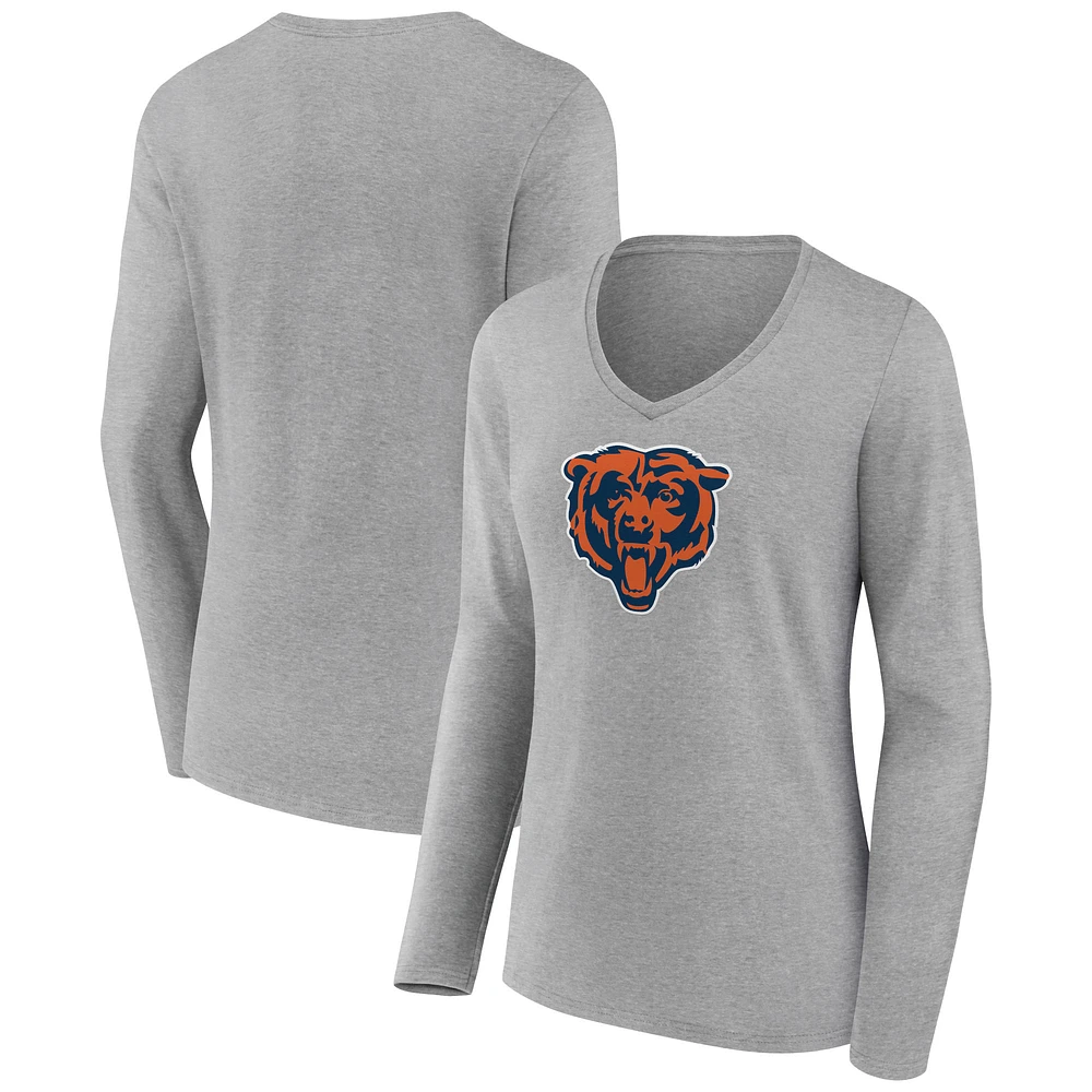 Women's Heather Gray Chicago Bears Primary Team Logo Long Sleeve V-Neck T-Shirt