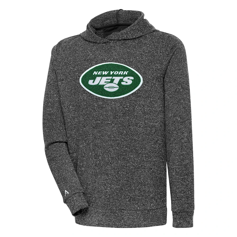 Men's Antigua Heathered Black New York Jets Absolute Chenille Pullover Hoodie
